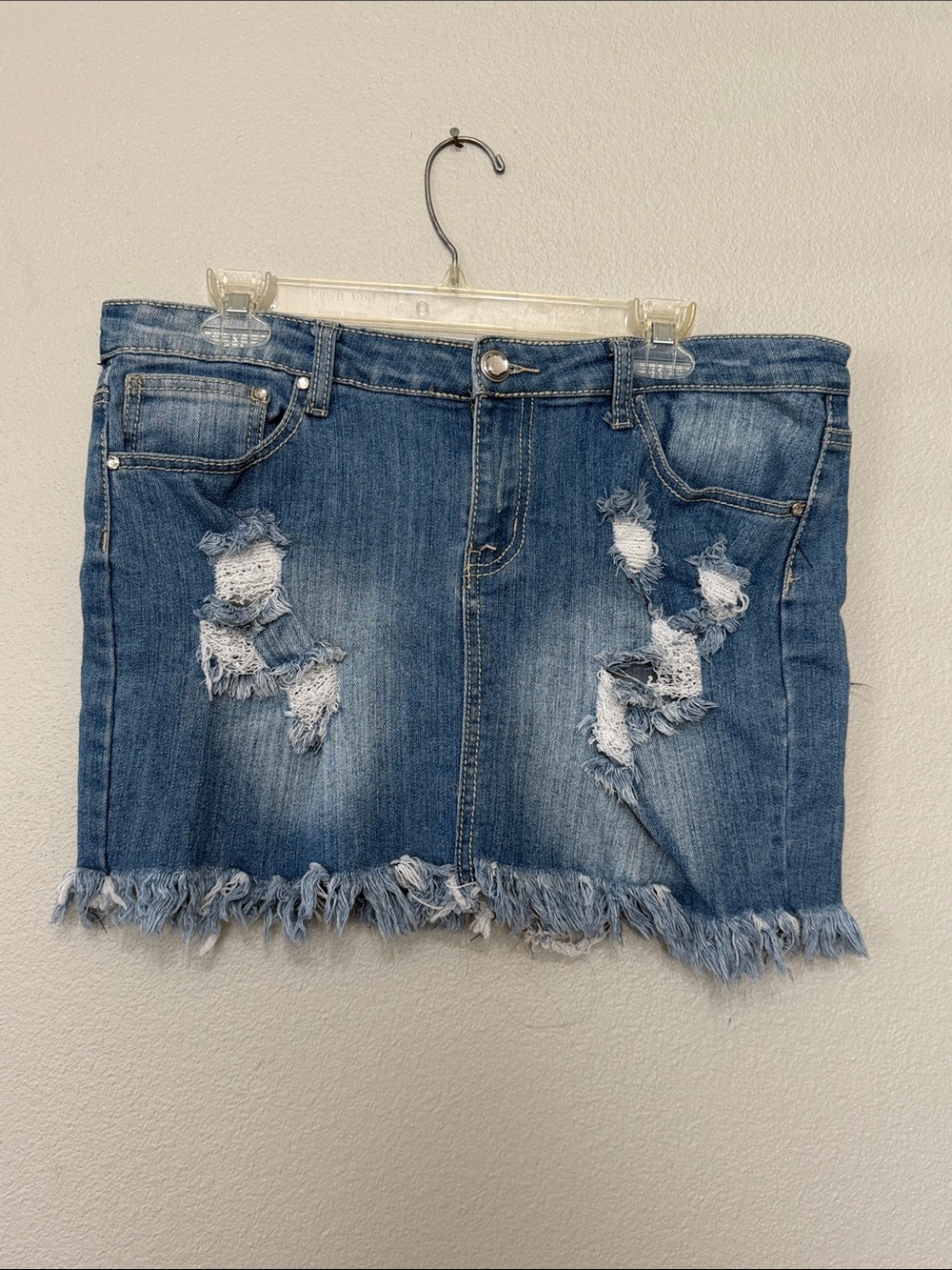 Y2K Rue 21 Distressed Blue Denim Mini Skirt - Casual Fringe Hem 11/12 Flag